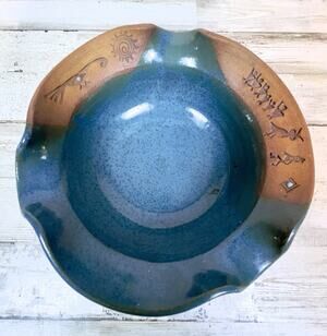 Vintage Helen Helwig Studio Pottery Bowl Signed 1992 Blue Handmade Art Pottery 7
